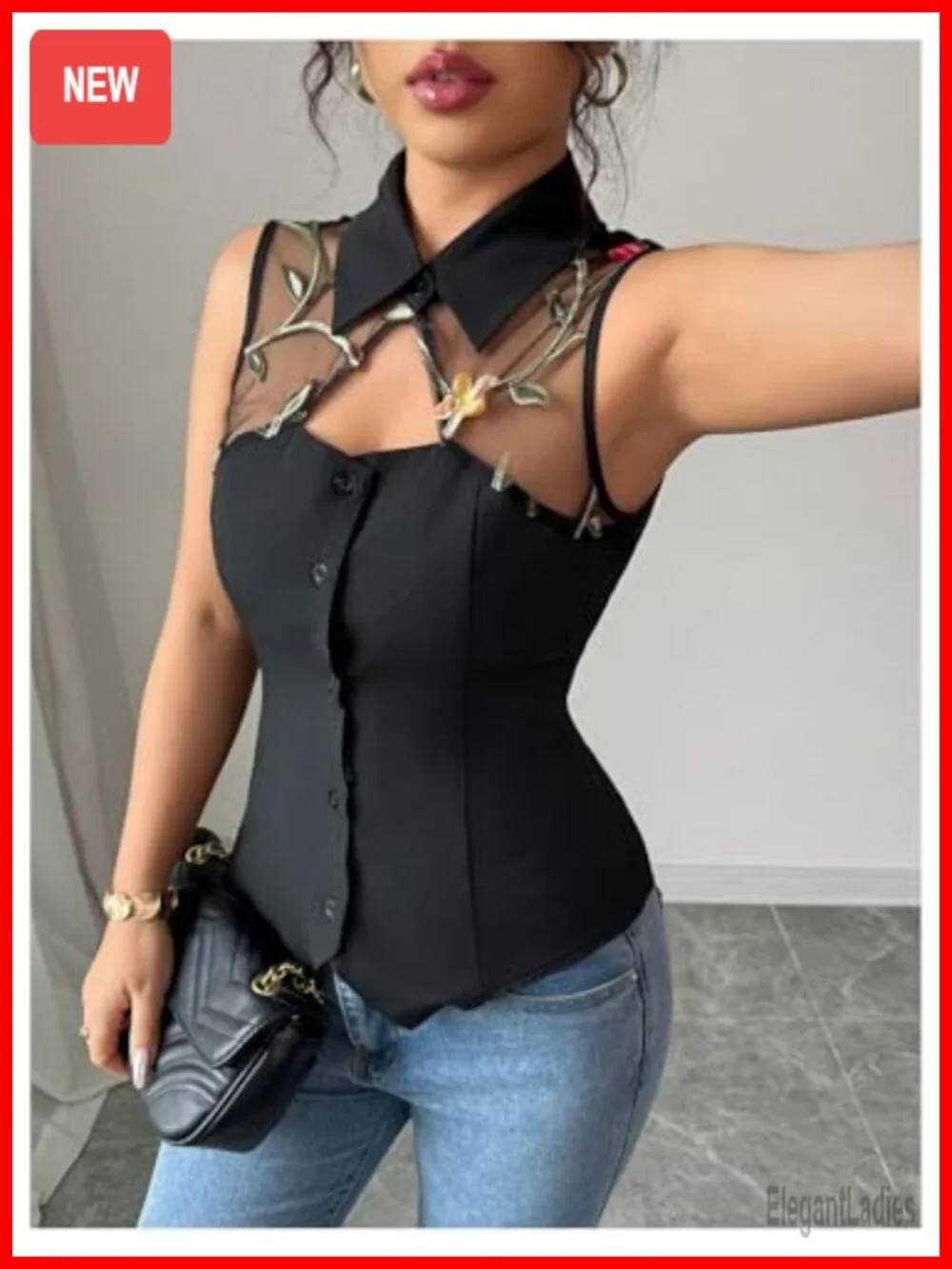 Floral Embroidery Sheer Mesh Button Up Vest Top Blouse